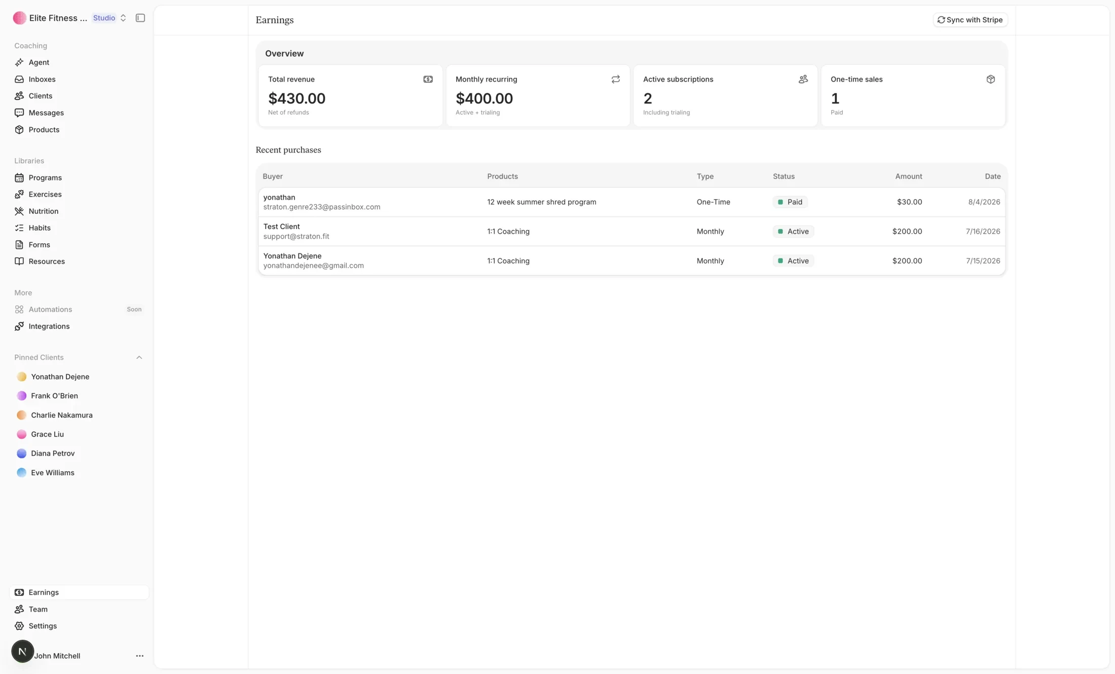 Straton earnings overview with revenue, recurring totals, and recent purchases