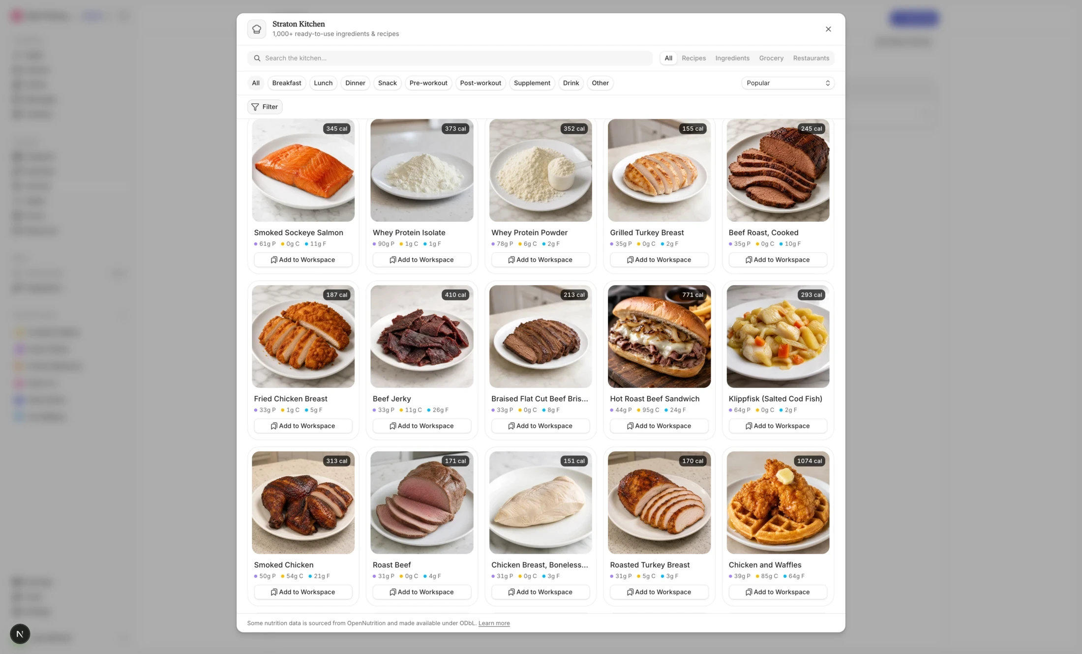 Straton Kitchen library of ready-to-use ingredients and recipes with macros