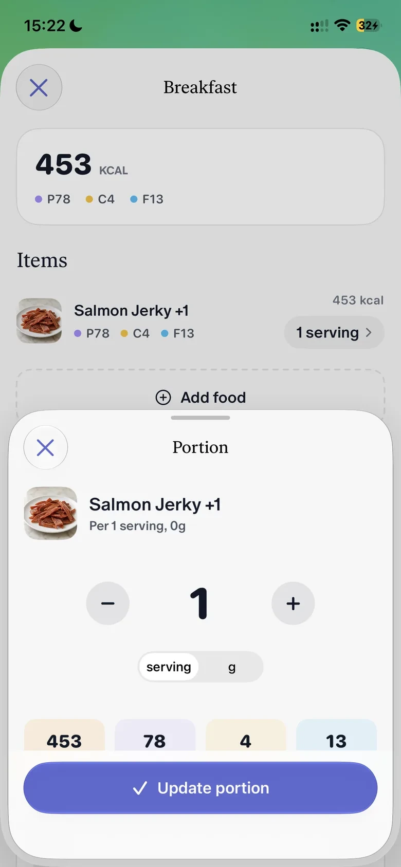 Straton client app logging a breakfast portion against the meal plan