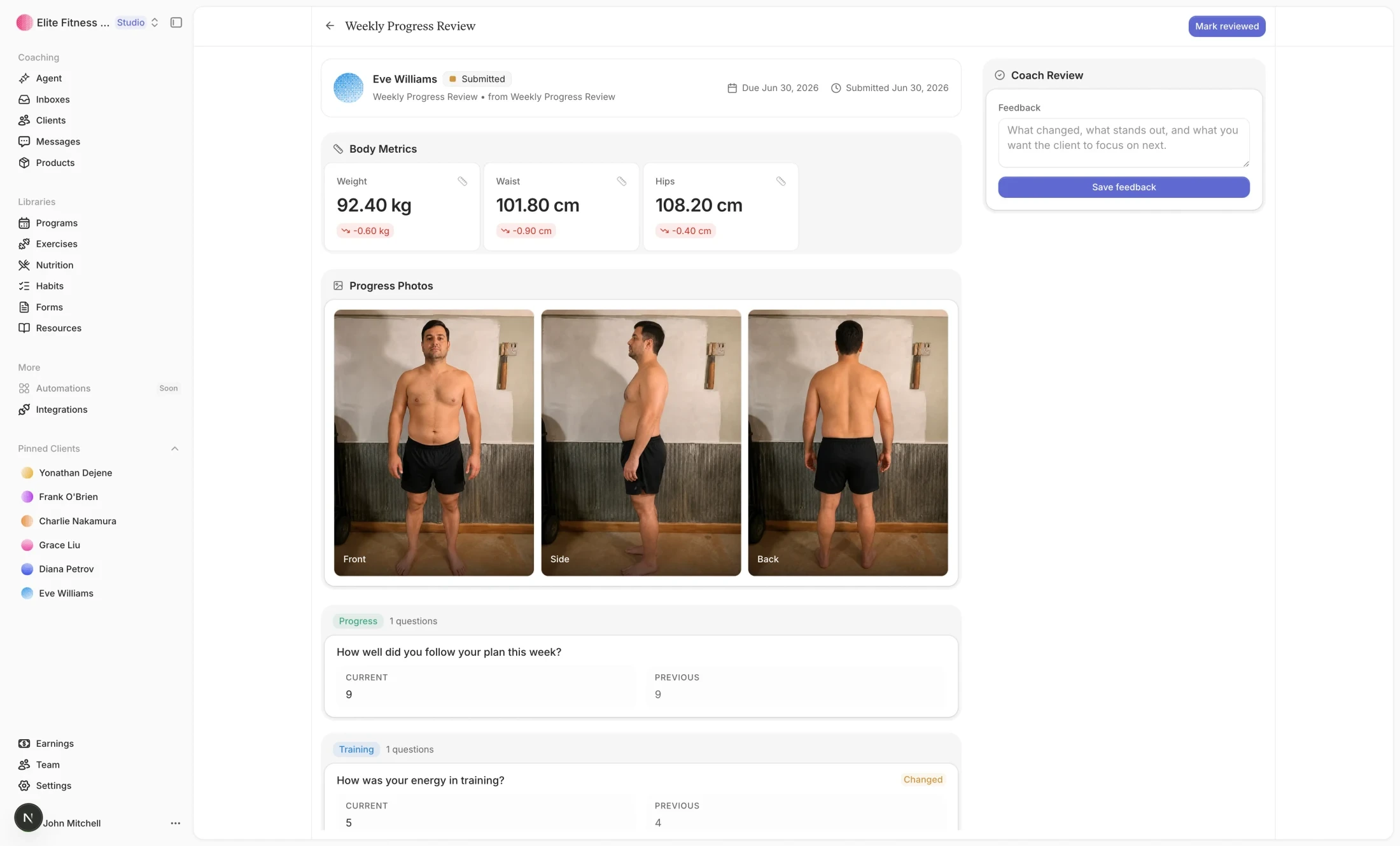 Straton weekly progress review with body metrics, progress photos, client answers, and coach feedback